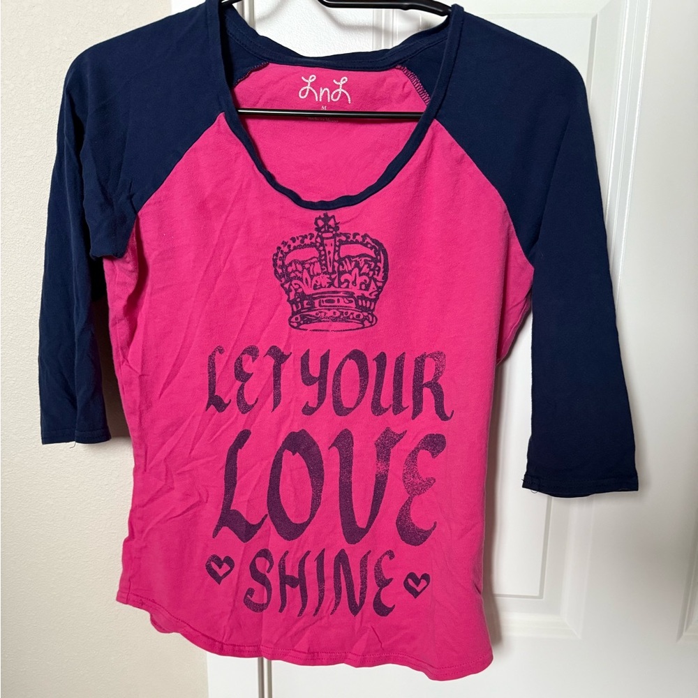 Womens/juniors Pink and Blue Raglan Shirt